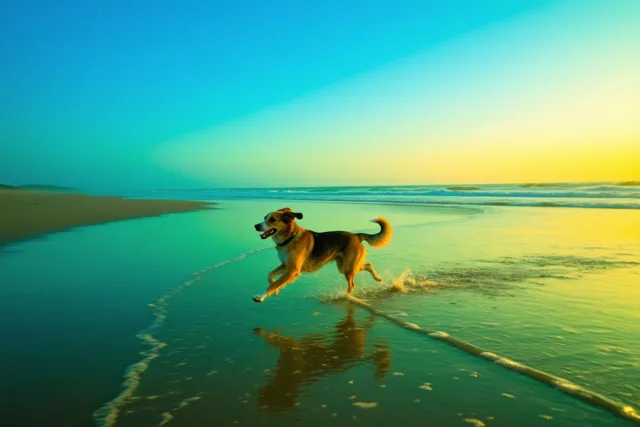 Een hond rent door de ondiepe branding op een zandstrand in heldere blauwe en gele tinten.