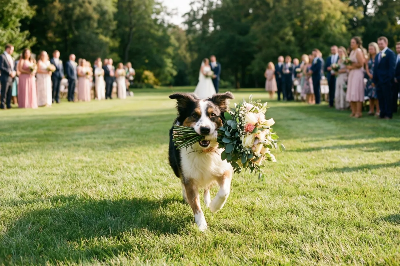 Een zwarte, witte en lichtbruine hond rent met een bloemenboeket in zijn bek over een groen gazon, terwijl feestelijk geklede gasten onder de bomen toekijken.