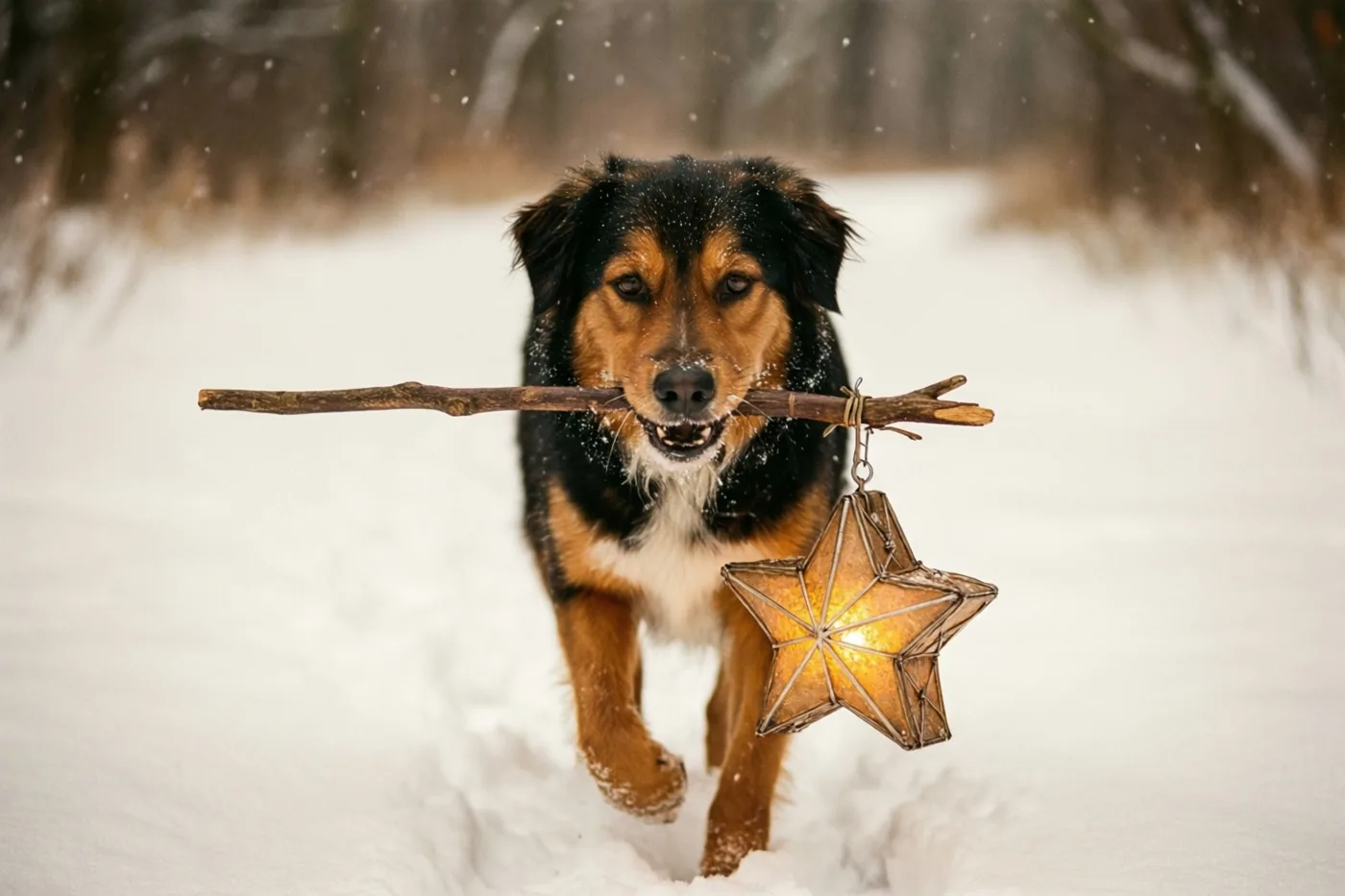 Een zwarte hond met bruine aftekeningen rent door een besneeuwd bos terwijl er sneeuw valt, met een stok met een lichtgevende sterlantaarn in zijn bek.