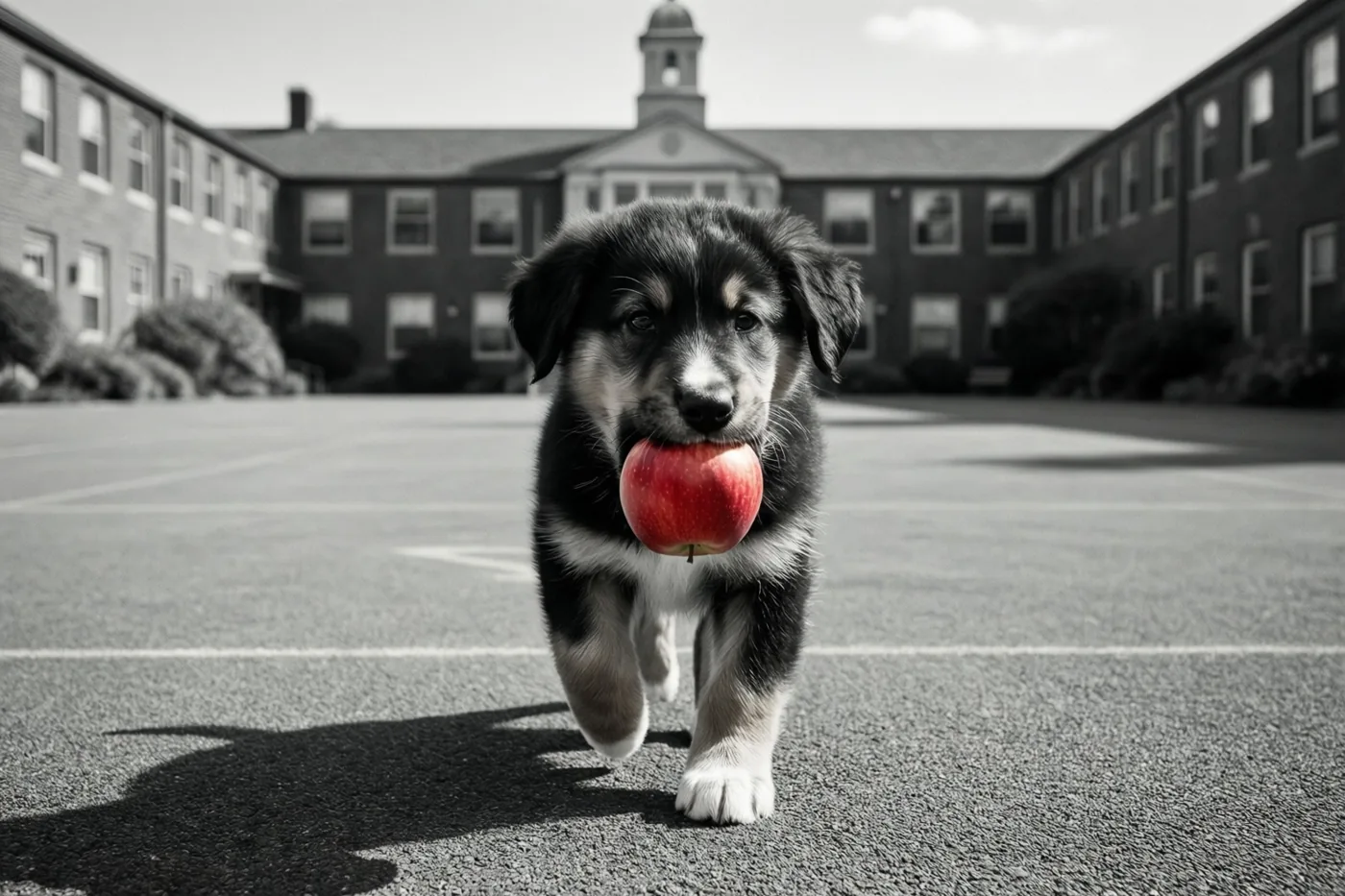 Een puppy rent met een rode appel in zijn bek naar de camera over een asfaltplein, voor een bakstenen schoolgebouw met een centrale klokkentoren onder een heldere hemel, op een verder zwart-witte foto.