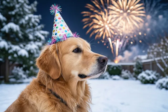 Een retriever viert nieuwjaar