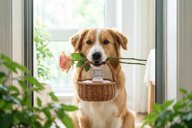 Een golden retriever zit binnen bij een helder raam en houdt een rieten mandje met een roze roos en een open ringdoosje in zijn bek, met groene planten rondom.