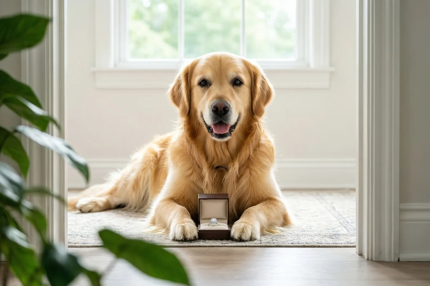 Een golden retriever ligt op een tapijt met een patroon met een open doosje en een ring met één steen tussen zijn poten, in een lichte kamer met een raam achteraan en een deels zichtbare groene plant vooraan.