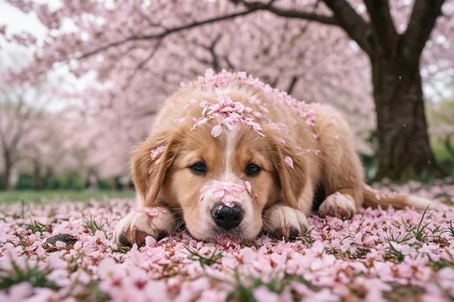 Een goldenretrieverpup ligt op roze kersenbloemblaadjes onder een bloeiende kersenboom, met bloemblaadjes over zijn vacht van neus tot staart.