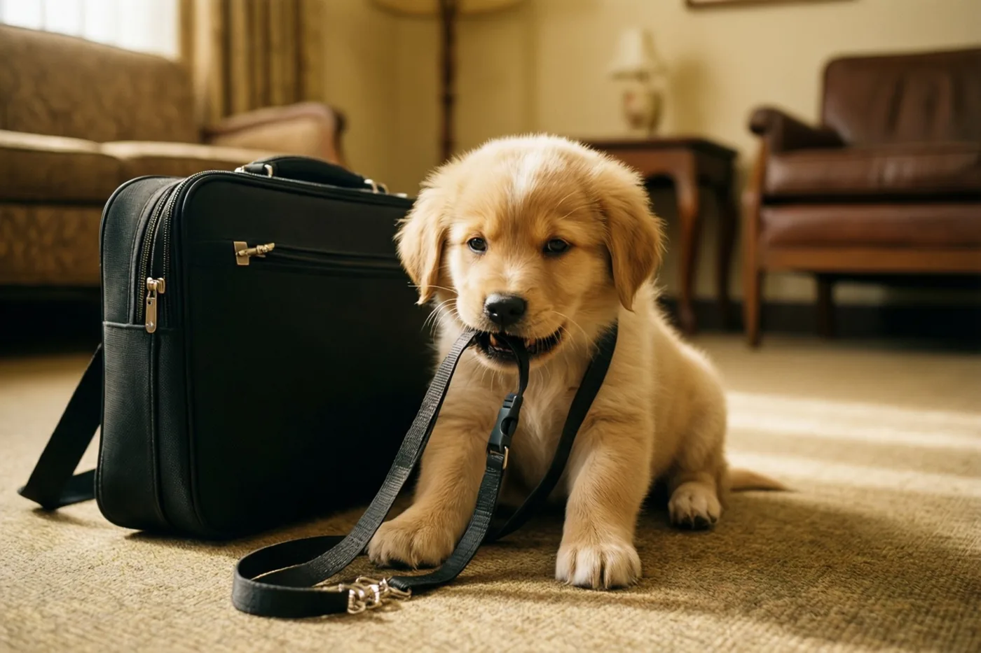 Een goldenretrieverpup zit op tapijt naast een zwarte aktetas en kauwt op een zwart riempje, met meubels op de achtergrond in een warm verlichte woonkamer.