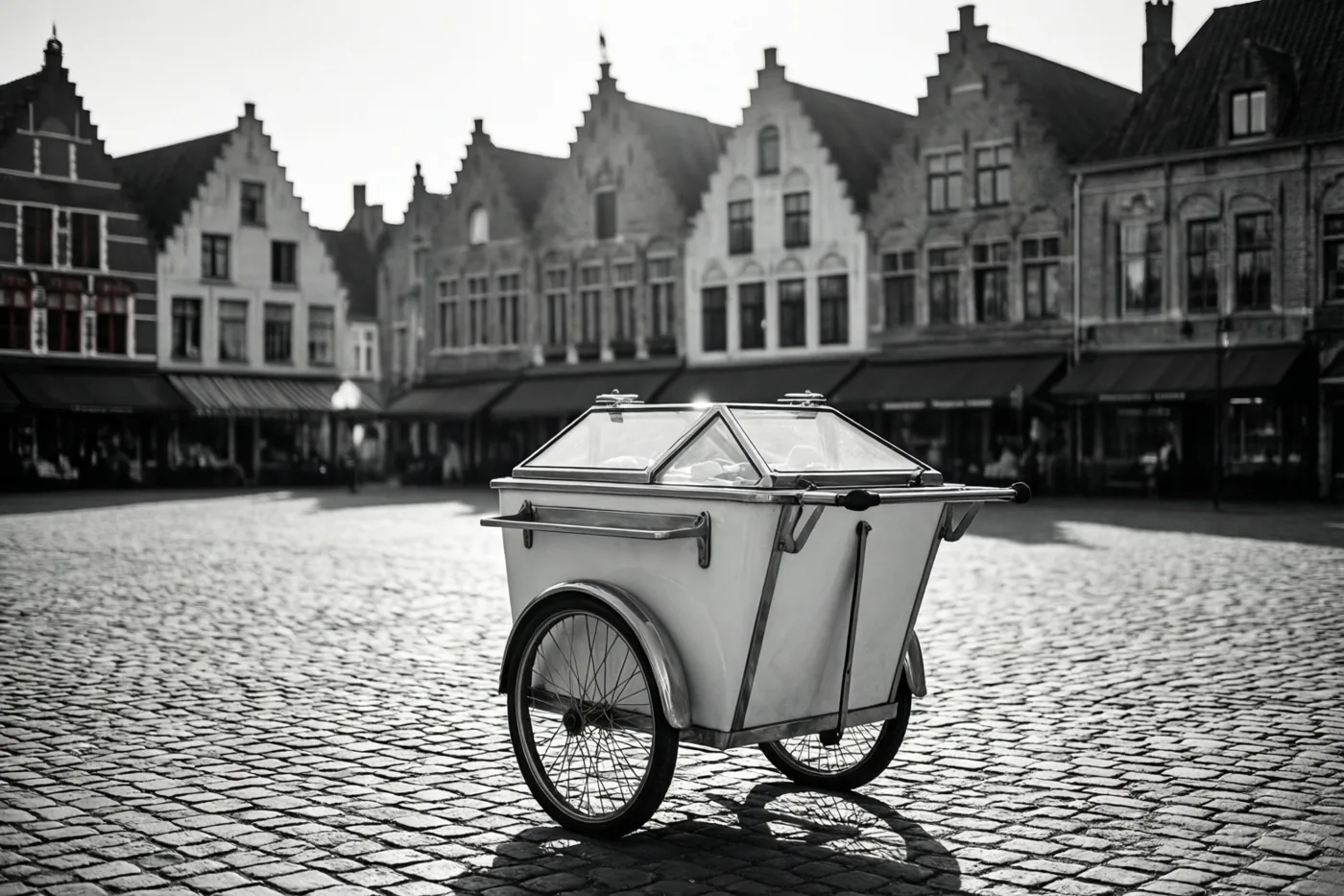 Een ijskar in retrostijl staat op een zonnig plein met kasseien, met traditionele huizen met trapgevels onder een heldere hemel op de achtergrond.