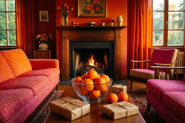 Een woonkamer in jarenzestigstijl heeft een brandende haard, rode en oranje meubels en een houten salontafel met een glazen schaal mandarijnen en ingepakte cadeautjes.