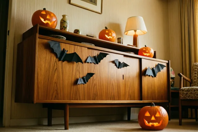 Een houten dressoir in een woonkamer in jarenzestigstijl is versierd met papieren vleermuizen en verlichte uitgesneden pompoenen, in warm oranje en bruin licht.