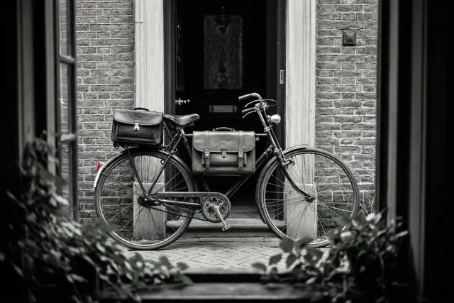 Een retrofiets met een aktetas op de voordrager staat voor een donkere deur in een bakstenen gebouw, omlijst door gebladerte en een raam in monochrome tinten.