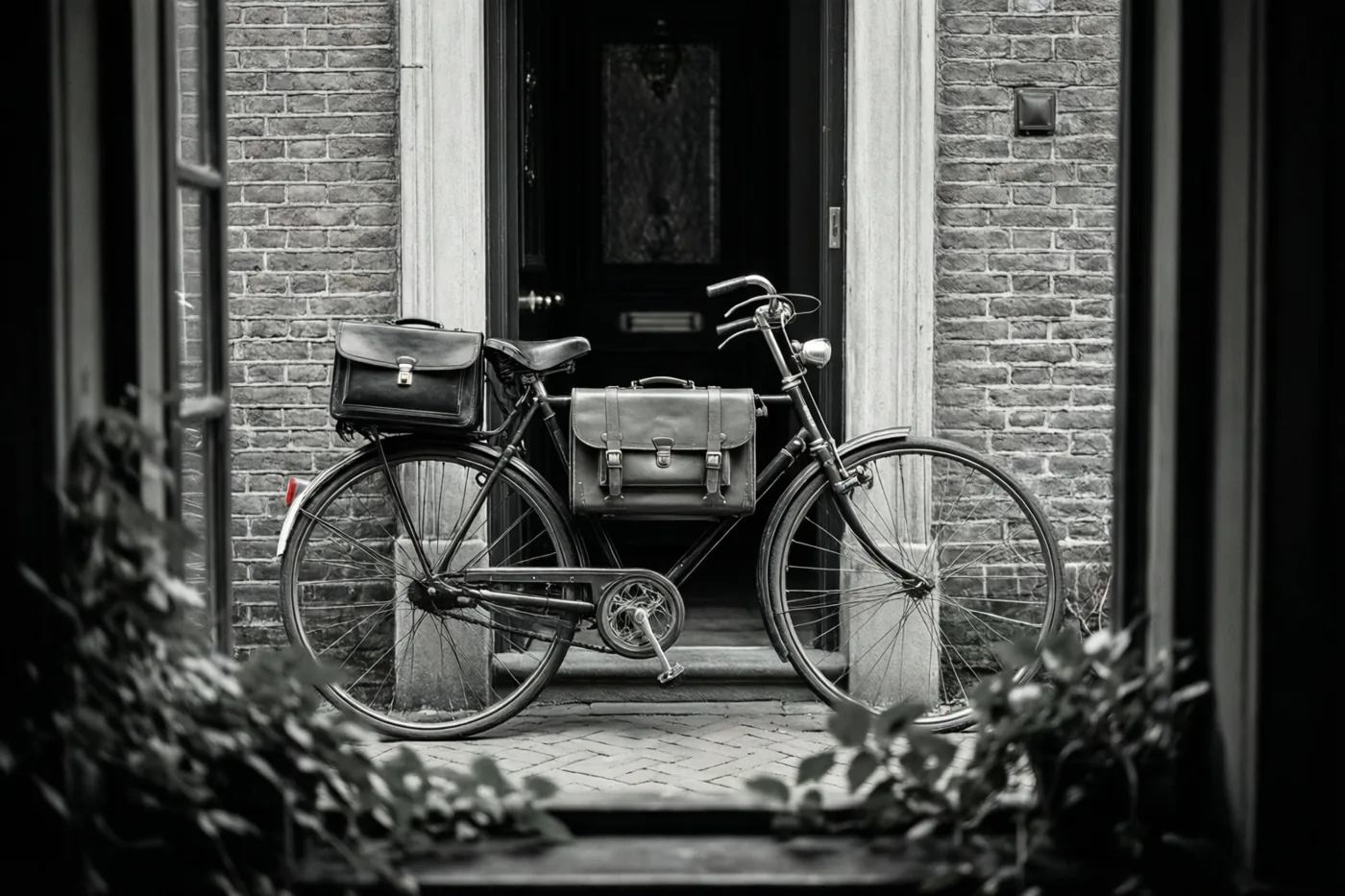 Een retrofiets met een aktetas op de voordrager staat voor een donkere deur in een bakstenen gebouw, omlijst door gebladerte en een raam in monochrome tinten.