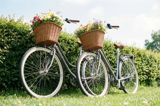 Twee fietsen in retrostijl met rieten manden vol kleurrijke bloemen leunen tegen elkaar op een grasveld naast een groene haag, onder een heldere blauwe lucht.