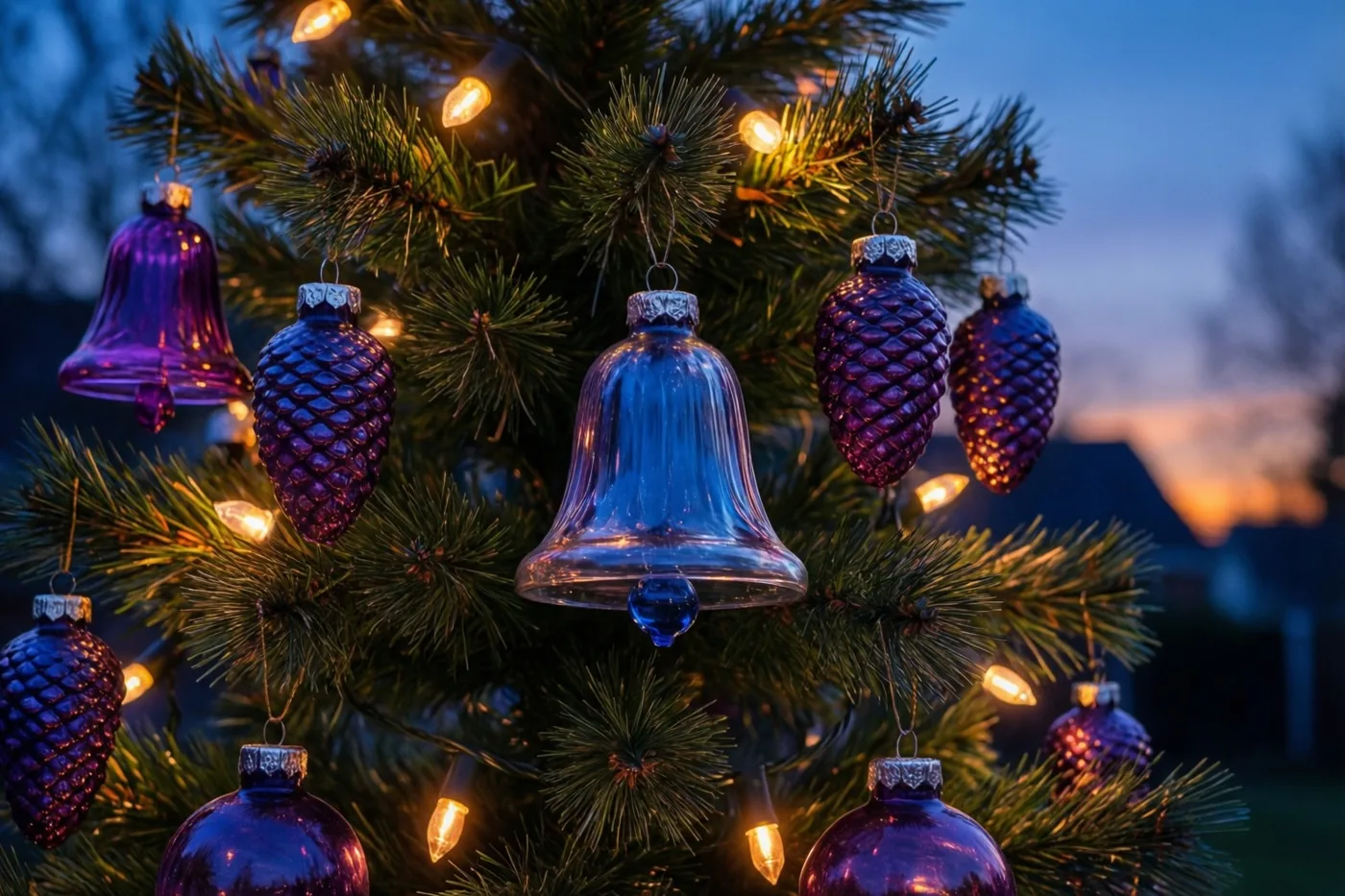 Glazen retroversieringen in de vorm van klokjes en dennenappels hangen met lichtjes in een kerstboom tegen een paarsblauwe schemerlucht.
