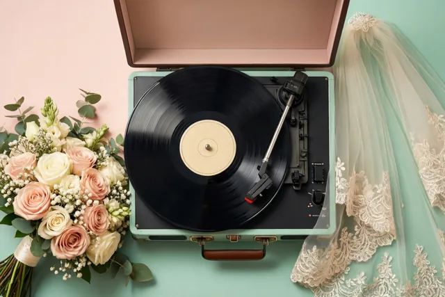 Een geopende retroplatenspeler met een vinylplaat staat op een pastelkleurige ondergrond naast een bruidsboeket van rozen en een kanten sluier, in roze en mintgroene tinten.