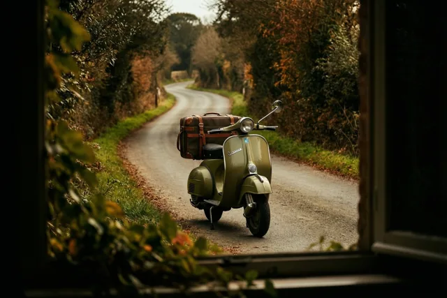Door een raam en gedeeltelijk verhullend gebladerte is een olijfgroene retroscooter met een bruine koffer achterop te zien op een kronkelende landweg in herfstkleuren.