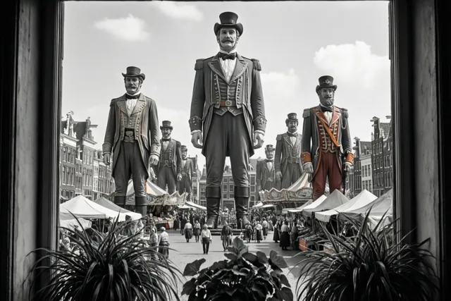 Door een raam is een rij hoge carnavalsreuzen in formele kledij boven een druk marktplein te zien, in zwart-wit met kleur op het uniform van één reus.