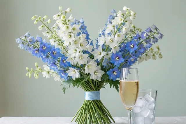 Een boeket witte en blauwe ridderspoor met een lichtblauw lint ligt op een wit tafelkleed naast een champagneglas en een glas met ijs, voor een effen lichtgroene muur.