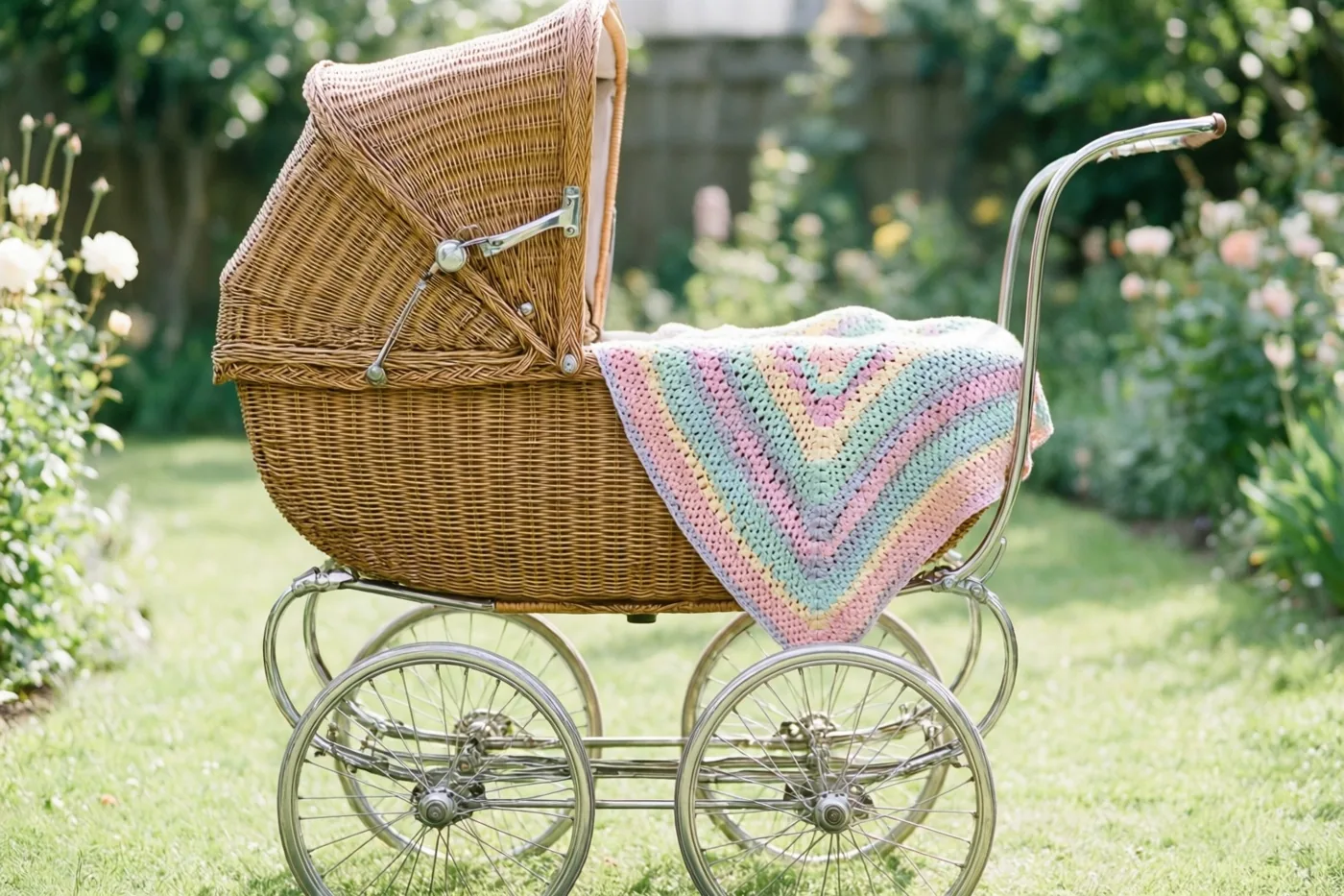 Een oude rieten kinderwagen met verchroomde wielen en een gehaakte pasteldeken staat op het gras in een zonnige tuin, met wazige bloemen en bladeren op de achtergrond.