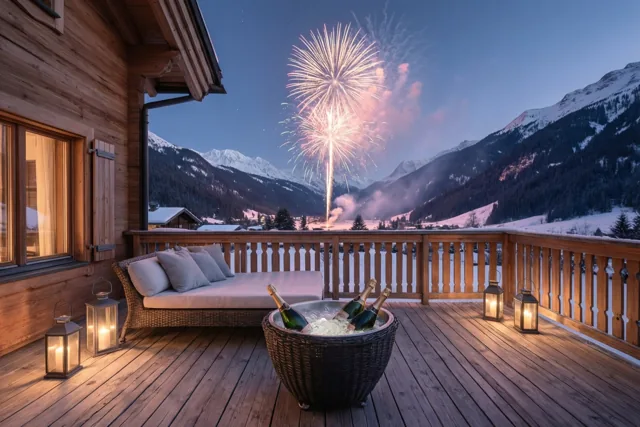 Een rieten ligbank, lantaarns en champagneflessen in een mand met ijs staan op een houten chaletterras, met vuurwerk boven de besneeuwde bergen en vallei bij nacht.