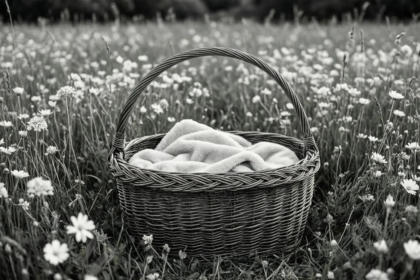Op een zwart-witfoto staat een rieten mand met een zachte deken midden in een veld met witte wilde bloemen.