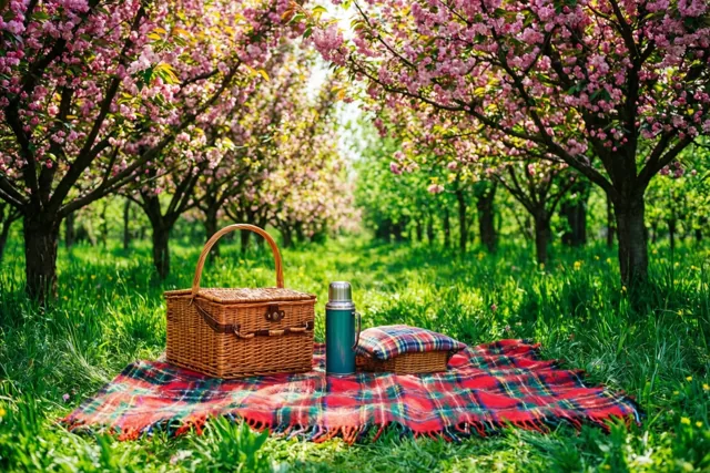 Een rieten mand, een thermos en een geruite deken staan op frisgroen gras onder rijen roze bloeiende bomen.