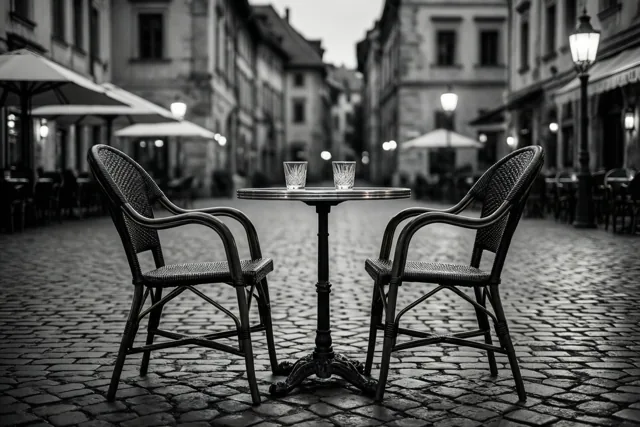Twee lege rieten stoelen staan bij een klein tafeltje met twee glazen op een kasseiplein bij schemering, in zwart-wit.