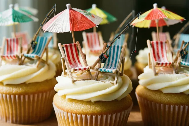 Een rij cupcakes met romig glazuur is versierd met miniatuurstrandstoelen van suiker, kleurrijke papieren parasolletjes en hengeltjes in warme tinten.