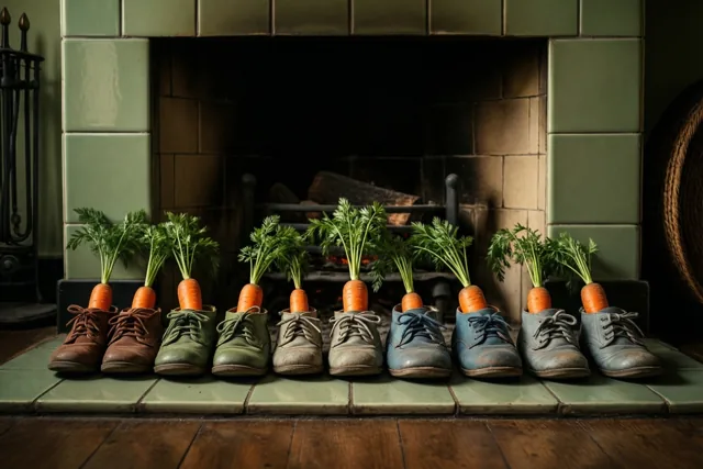 Een rij kinderschoenen met wortels met loof staat op de betegelde haardplaat voor een haard in jarenvijftigstijl, in warm licht.