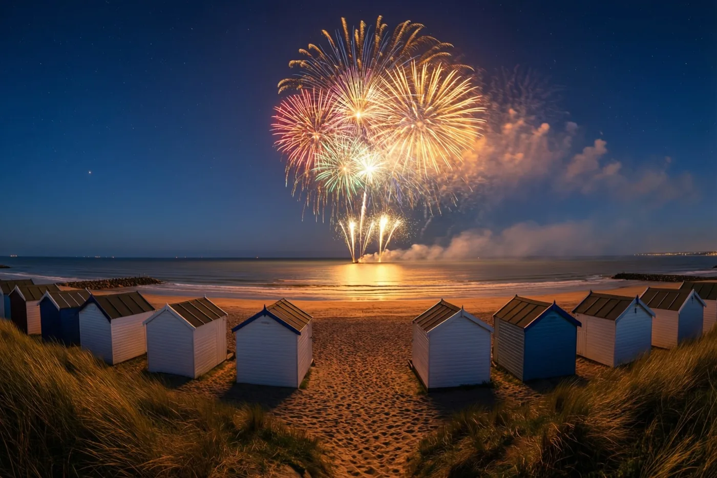 Een rij strandhuisjes kijkt uit op zee onder een sterrenhemel, met groot kleurrijk vuurwerk dat warm goud licht verspreidt in de koele blauwe nacht.