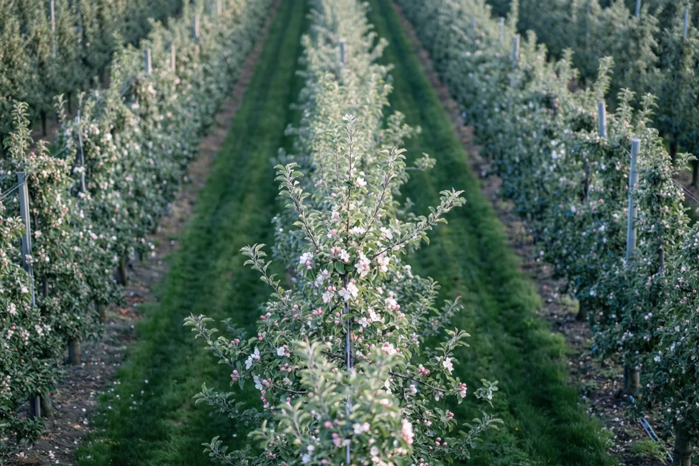 Nette rijen appelbomen met groene bladeren en zachtroze en witte bloesems lopen tot in de verte door een boomgaard bij daglicht.