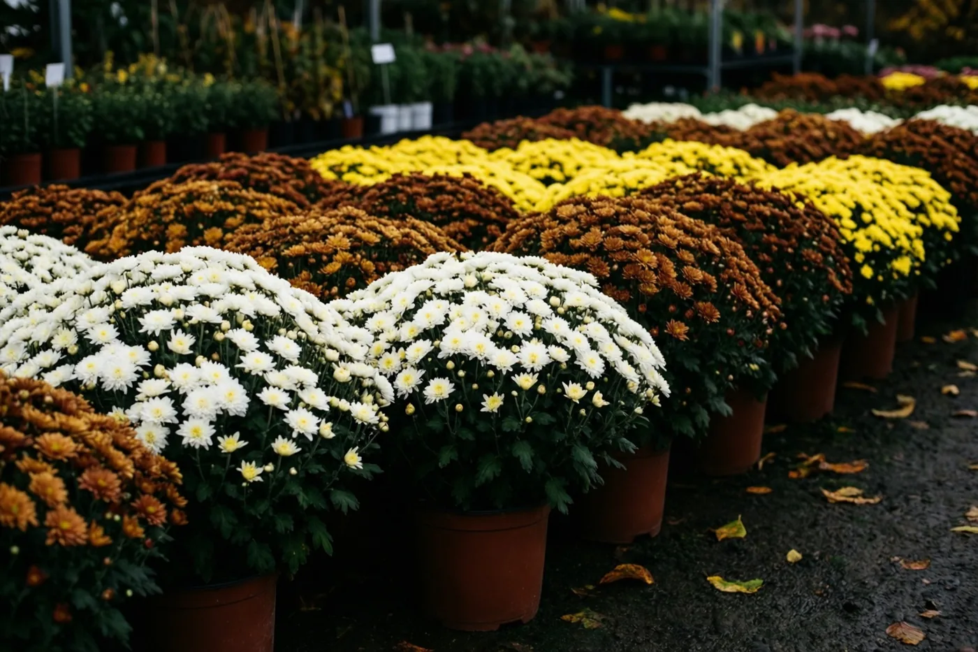 Rijen potten witte, gele en bronskleurige chrysanten staan in een kwekerij, met herfstbladeren op de donkere grond.