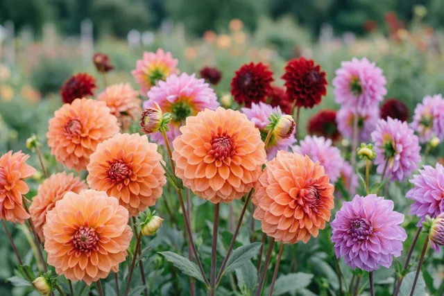 Rijen oranje, roze, rode en lila dahlia's bloeien tussen weelderig groen in een pluktuin in het zachte licht van een nazomermiddag.