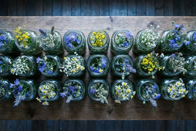 Glazen confituurpotten met verschillende veldbloemen staan netjes in rijen op een rustieke houten tafel tegen een donkere houten achtergrond.