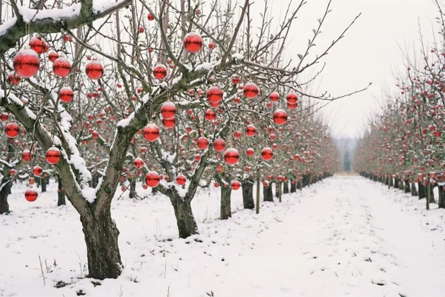 Een boomgaard in kersttooi