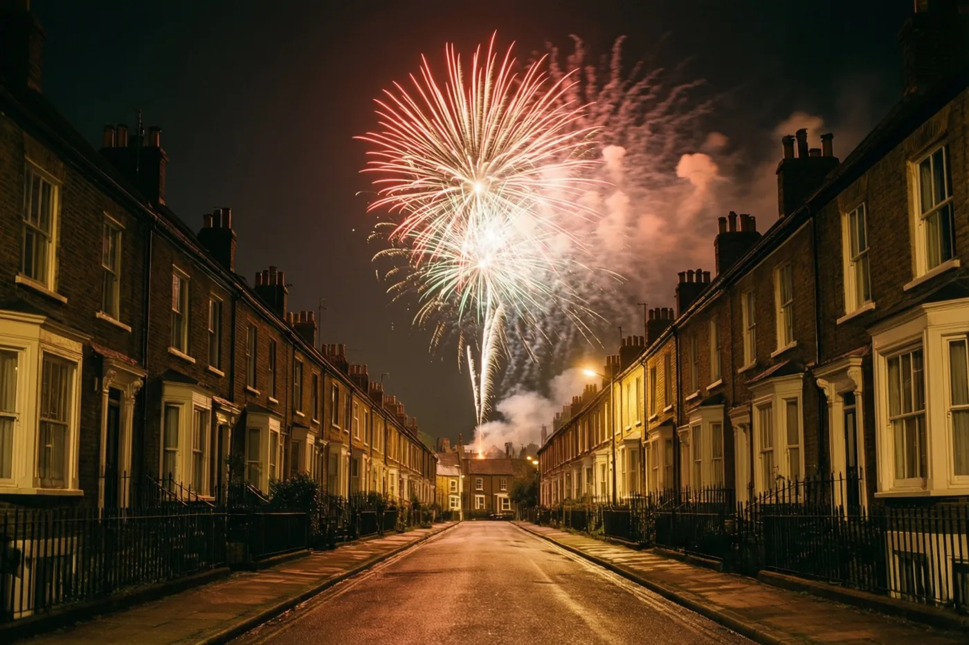 Rood, wit en groen vuurwerk ontploft boven rijhuizen in een donkere straat met warmgele straatverlichting.