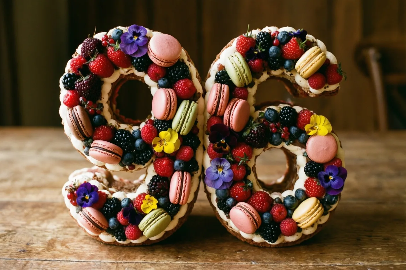 Twee grote taarten in de vorm van een 9 en een 6 staan op een houten tafel, rijk versierd met verse bessen, kleurrijke macarons en eetbare bloemen.