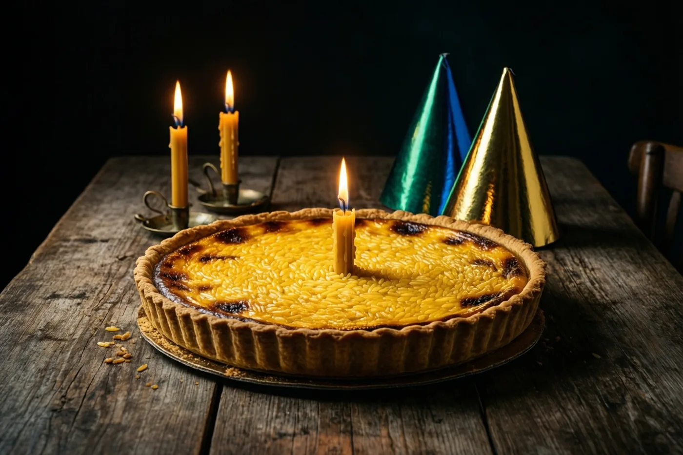 Een goudbruine Vlaamse rijsttaart met één brandend kaarsje staat op een rustieke houten tafel naast twee papieren feesthoedjes en twee brandende kaarsen in kandelaars tegen een donkere achtergrond.