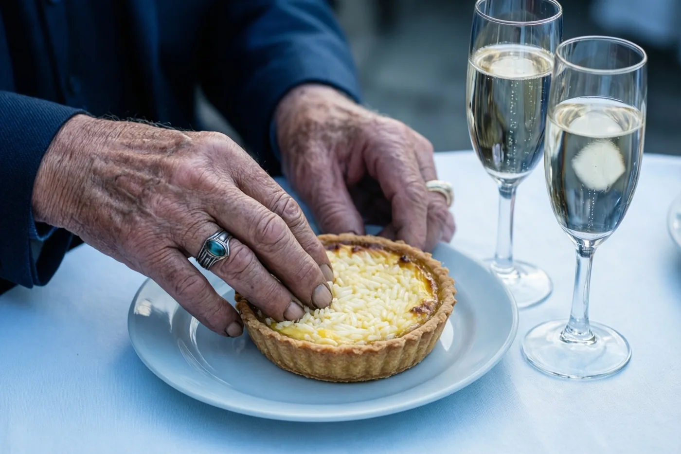 De handen van een oudere persoon met trouwringen raken een rijsttaart op een wit bord aan, naast twee champagneglazen op een lichtblauw tafelkleed.