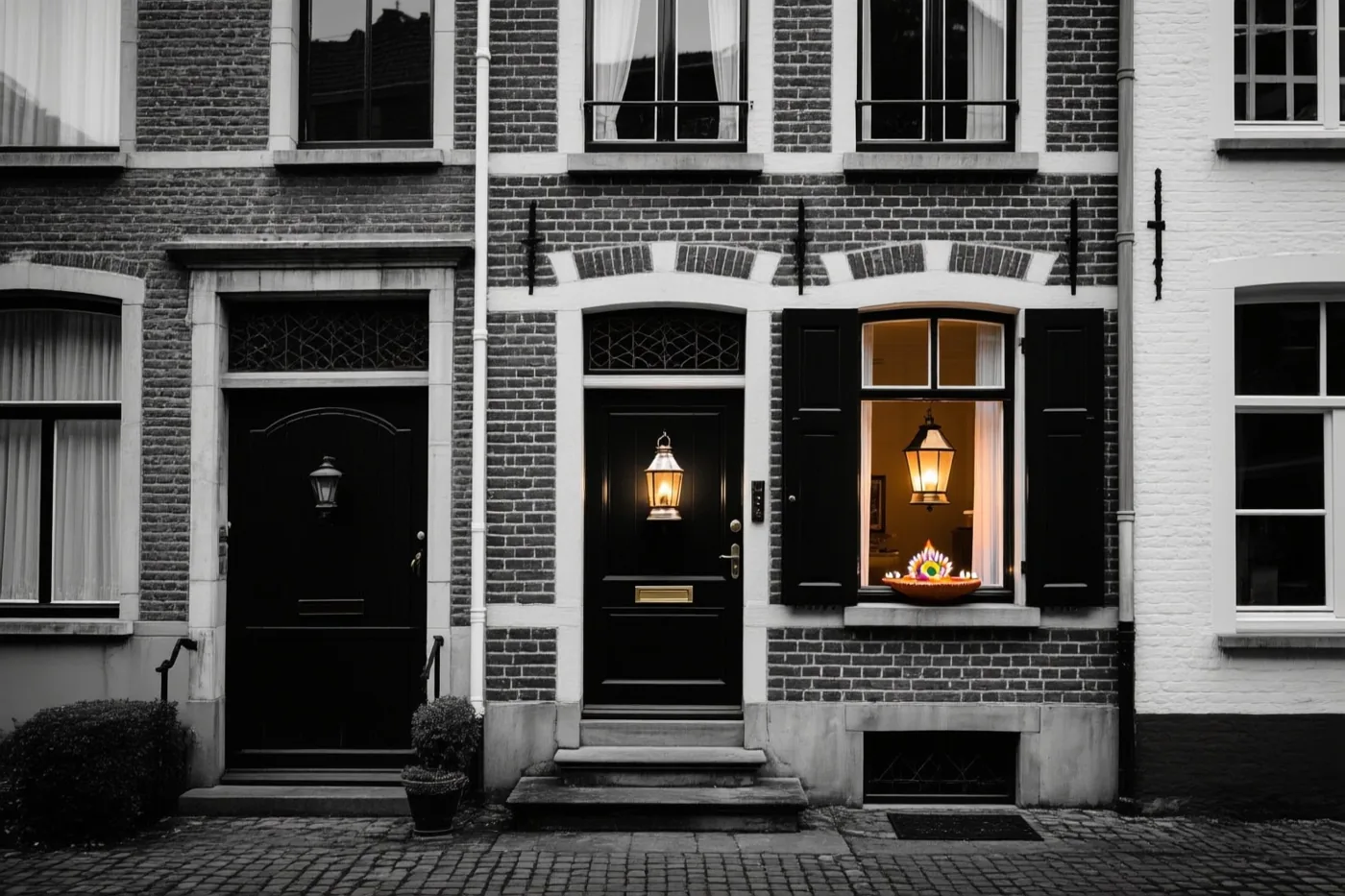 Een Belgische rijwoning is in zwart-wit afgebeeld, met een warm verlicht raam en een brandend olielampje op de vensterbank.