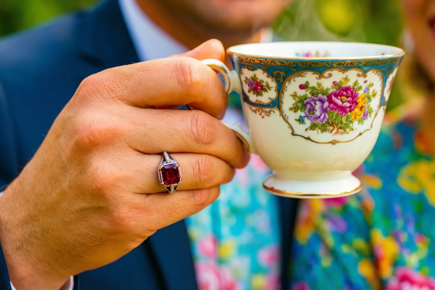 Een hand met een verlovingsring houdt buiten een vintage porseleinen theekopje met bloemen vast, met onscherp groen en kleurrijke kleding op de achtergrond.