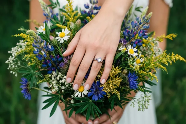 Een hand met een verlovingsring met één steen houdt een boeket wilde bloemen vast, met blauwe lupines, gele bloemen en witte madeliefjes tegen een wazige groene achtergrond.