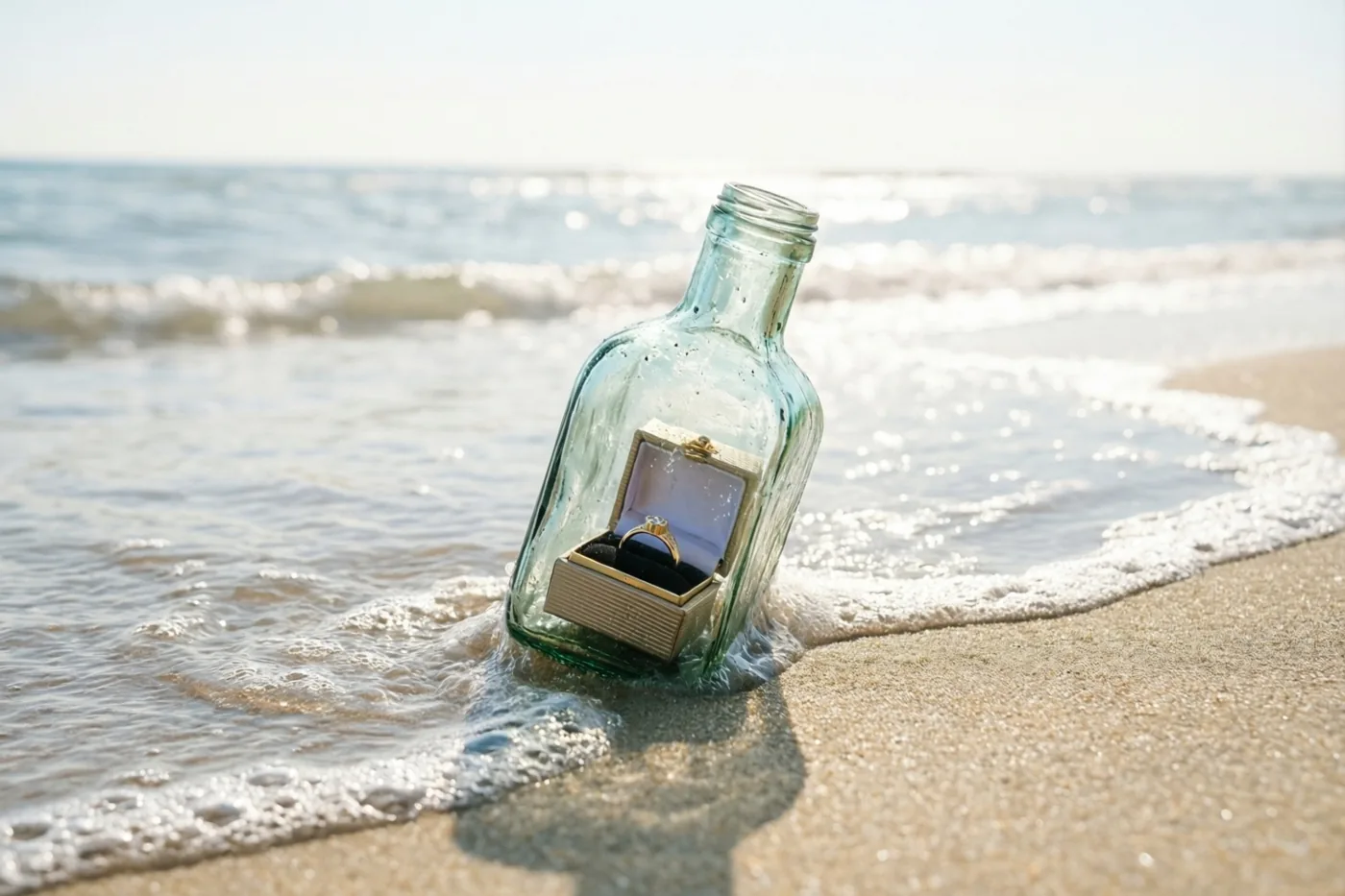 Een glazen fles met een open ringdoosje en een ring erin ligt aangespoeld op een zandstrand bij eb, met zachte golven vlakbij in warm zonlicht.