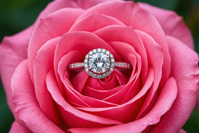 Een verlovingsring met een centrale diamant en een krans van kleinere stenen rust in het hart van een volledig geopende roze roos tegen een onscherpe groene achtergrond.