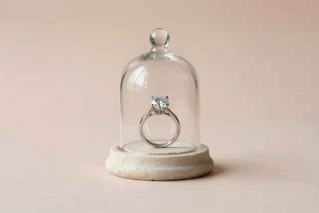 Een ring met één diamant staat onder een kleine glazen stolp op een lichte stenen sokkel tegen een zachte beige achtergrond.
