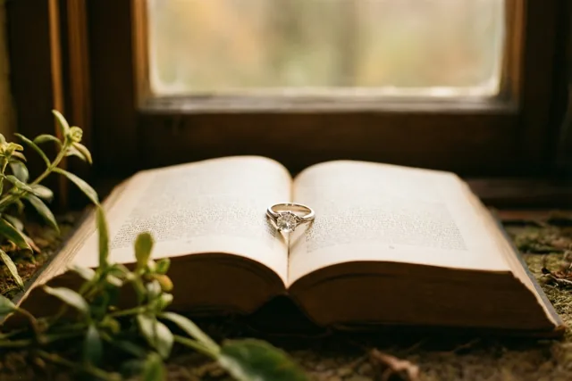 Een verlovingsring met een centrale diamant ligt op de open bladzijden van een oud boek op een bemoste ondergrond bij een raam in warm daglicht.