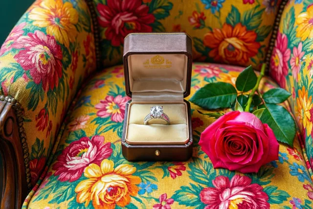 Een open ringdoosje met een ring met één diamant staat naast één roze roos op een kleurrijke fauteuil uit de jaren zestig met een bloemenmotief in geel, rood en groen.