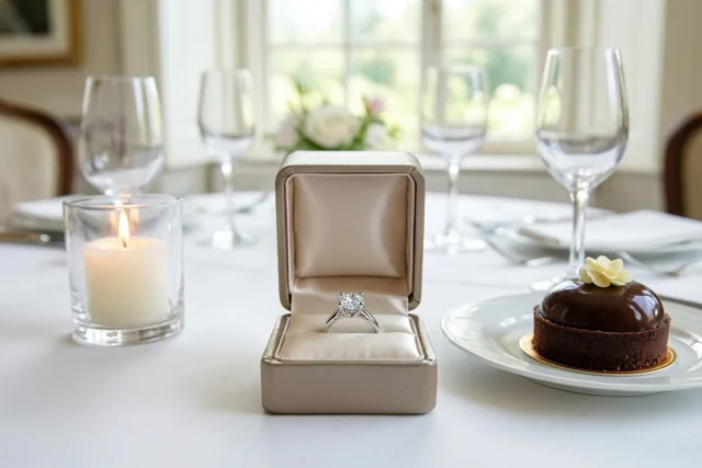 Een open beige ringdoosje met een diamanten ring staat op een wit tafellaken naast een chocoladedessert met een bloem van room, verlicht door een kaars en daglicht uit een raam.