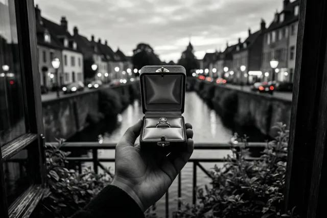 Een hand houdt een open ringdoosje boven een brugleuning aan een kanaal in de schemering, in een zwart-witbeeld met rode autoachterlichten op de onscherpe achtergrond.