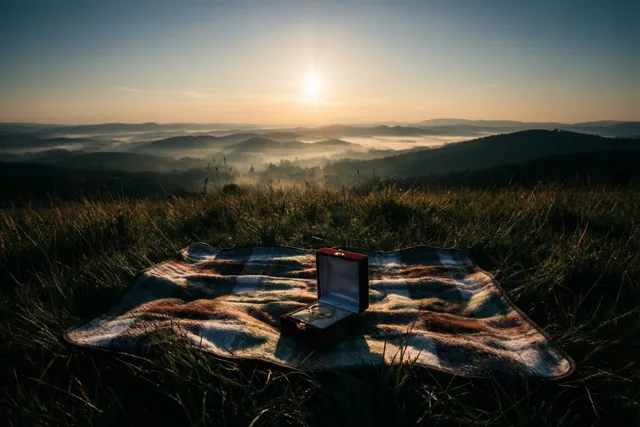Een open ringdoosje ligt op een deken met een patroon op een grasheuvel, met uitzicht over mistige valleien bij zonsopgang onder een heldere blauwe lucht.