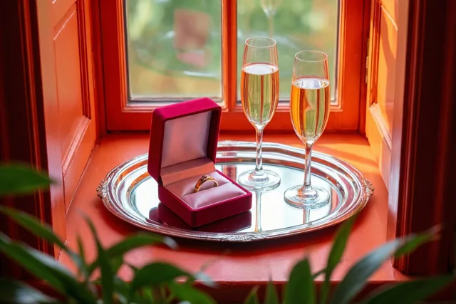 Een open rood fluwelen ringdoosje met een gouden ring staat naast twee champagnefluiten op een zilveren dienblad op een rode houten vensterbank, met warm zonlicht en groen op de voorgrond.