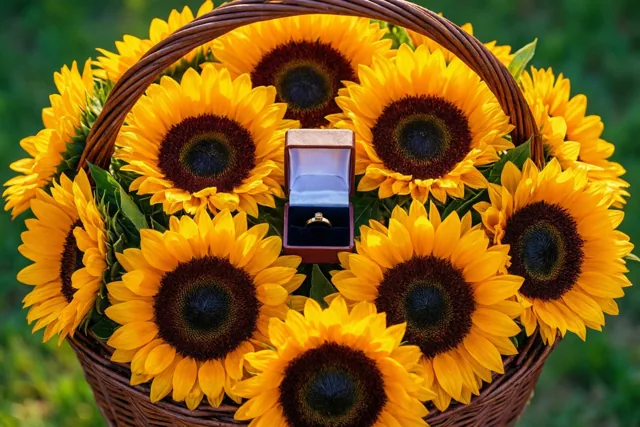 Een open ringdoosje ligt tussen zonnebloemen in een mand, buiten tegen een onscherpe groene achtergrond.